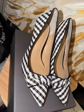 Ann Taylor Black and White Gingham Pointed-Toe Pumps with Knot Detail